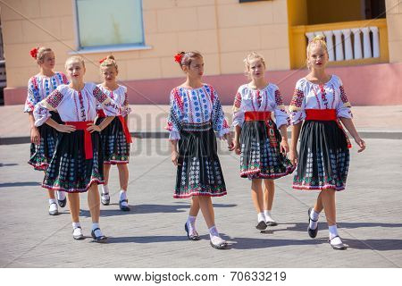 ODESSA, UKRAINE - August 23: Flash mob in city of Odessa on Potemkin Stairs on August 23, 2014, in day of a national flag of Ukraine. Happy participants of summer Flash mob 