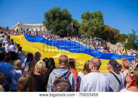 ODESSA, UKRAINE - August 23: Flash mob in city of Odessa on Potemkin Stairs on August 23, 2014, in day of a national flag of Ukraine.