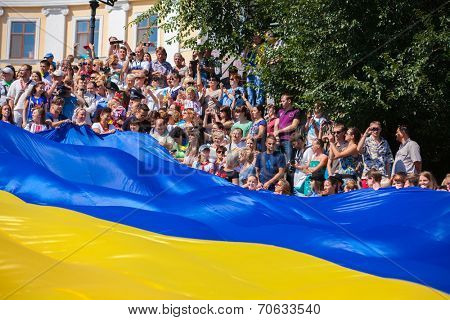 ODESSA, UKRAINE - August 23: Flash mob in city of Odessa on Potemkin Stairs on August 23, 2014, in day of a national flag of Ukraine.