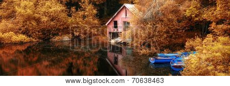 Panorama Landscape Stunning Vibrant Autumn Scene Boat Lake And Boathouse