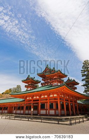 Green roof of Heian Jingu Shrine building under blue sky in Kyoto.