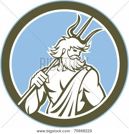 Neptune Poseidon Trident Circle Retro
