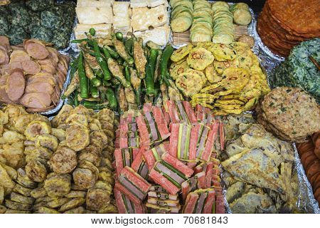 fried foods at gwangjang market in seoul, south korea