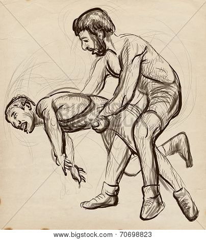 Greco-roman Wrestling. An Full Sized Hand Drawn Illustration