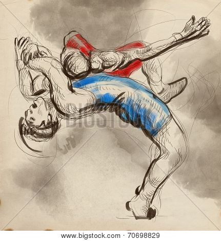 Greco-roman Wrestling. An Full Sized Hand Drawn Illustration
