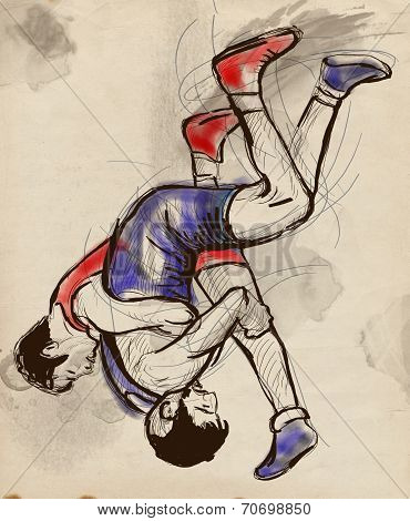 Greco-roman Wrestling. An Full Sized Hand Drawn Illustration