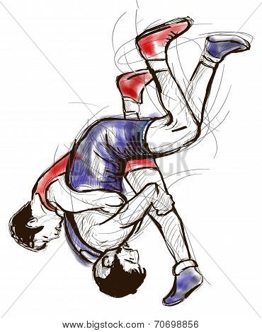 Greco-roman Wrestling. An Full Sized Hand Drawn Illustration