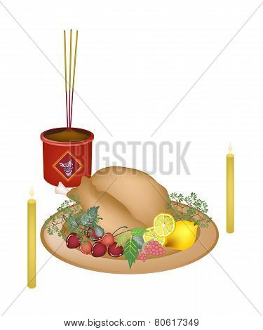 Roast Chicken with Fruits for New Year Worship