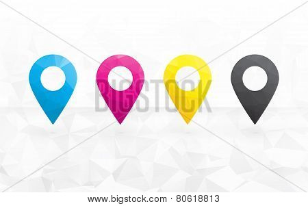 Cmyk Colored Pins To Determine The Position On The Map In The Background Triangular