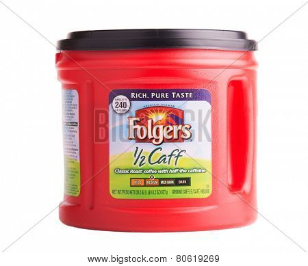 DEPEW, OK, USA - January 19th, 2015: Can of Folgers half caff coffee. Folgers Coffee is a popular brand of coffee in the United States, and part of  The J.M. Smucker Company.