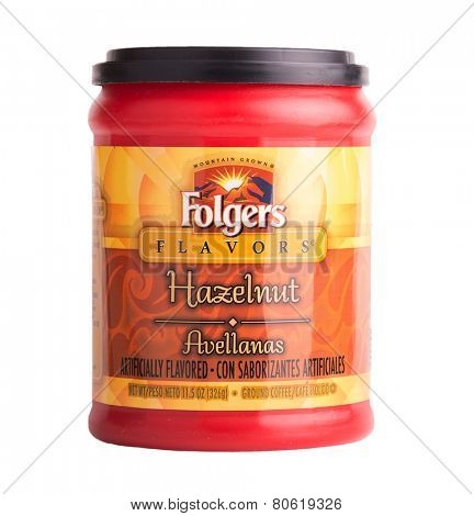 DEPEW, OK, USA - January 19th, 2015: Can of Folgers hazelnut coffee. Folgers Coffee is a popular brand of coffee in the United States, and part of  The J.M. Smucker Company.
