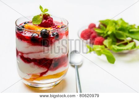 Glasses with  Fruit and Berry Parfait for Dessert