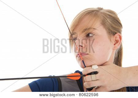 Girl Aiming With Bow And Arrow In Closeup