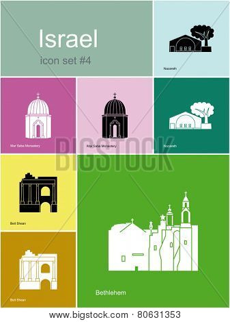Landmarks of Israel. Set of color icons in Metro style. Raster illustration.