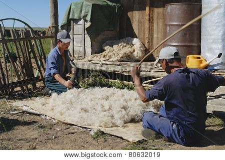 Mongolians produce felt in Harhorin, Mongolia.
