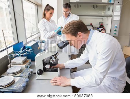 Scientist looking through a microscope at the laboratory
