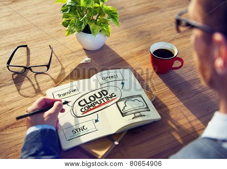 Man with Note Pad and Cloud Computing Concept