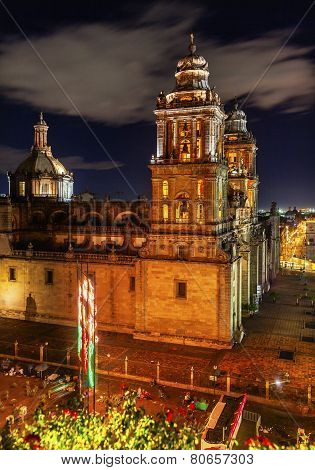 Metropolitan Cathedral Zocalo Mexico City At Night