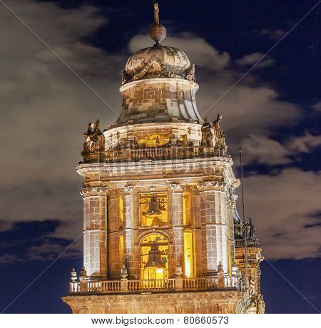 Metropolitan Cathedral Steeple Bells Statues Zocalo Mexico City At Night