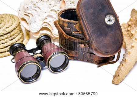 Antique binoculars with leather case   isolated on white