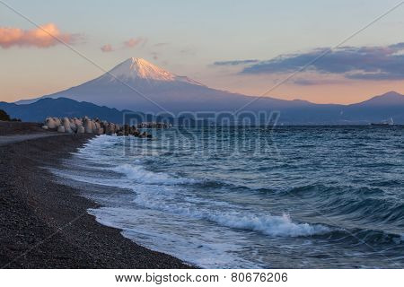 Mountain Fuji and beach in early morning from Suruga bay , Shizuoka prefecture