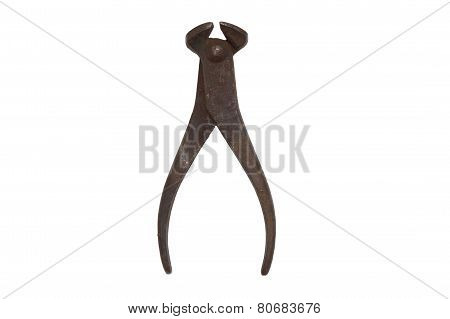 Rusty old iron nippers isolated on white background