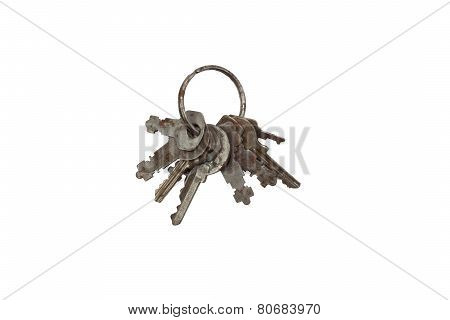 Collection of old rusty keys, isolated on white