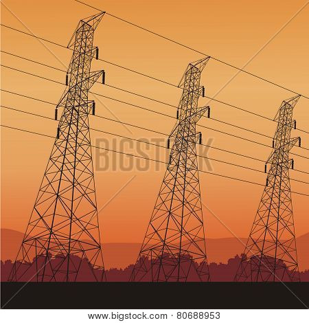 Electric power lines and sunrise, vector illustration