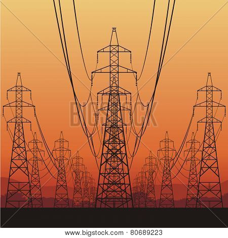 Electric power lines and sunrise, vector illustration