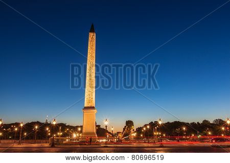 Luxor Obelisk On Place De La Concorde At Nightfall
