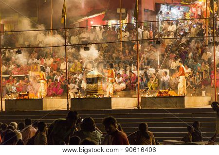 Colorful Main Ghat In Varanasi By Night