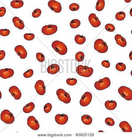 Vector seamless background with red tomatoes on white.