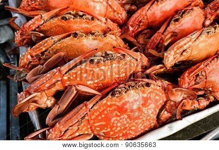 Steamed crabs in a fish market