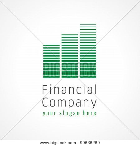 Financial companies brand logo. Downtown buildings in chart architectural shape green colored.