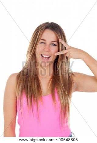 Cool woman dressed in pink isolated on white background