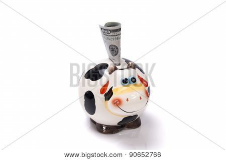 Moneybox A Cow With The Note Of Dollar