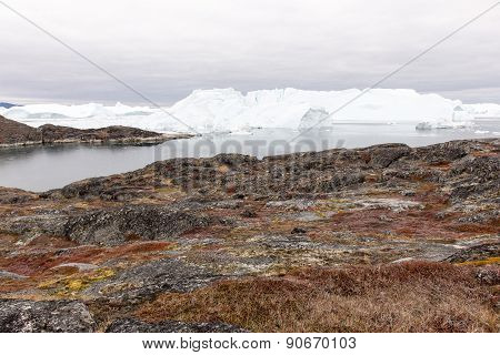 Arctic Landscape In Greenland With Icebergs