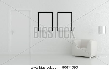 Chair And Lamp Decoration Interior Design In White Brick Wall Living Room