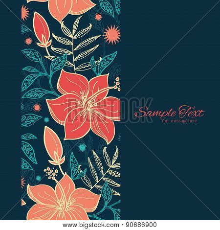 Vector vibrant tropical hibiscus flowers vertical frame seamless pattern background