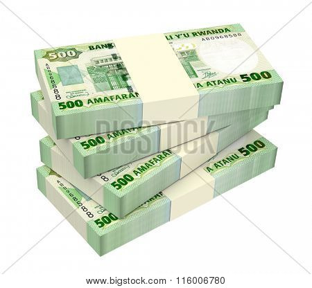 Rwandan francs bills isolated on white background. Computer generated 3D photo rendering.