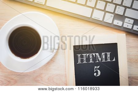 Concept HTML5 message on wood boards.