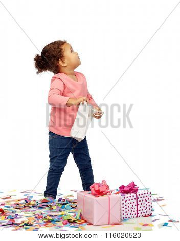 happy little baby girl with birthday peresents
