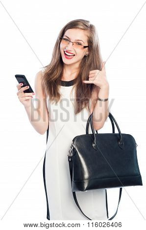 Business Woman Making Call Me Gesture.