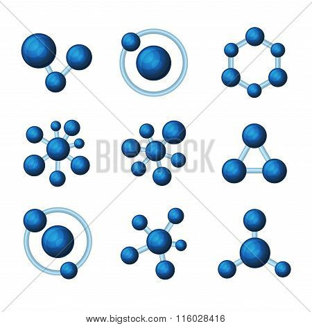 Abstract Blue Molecules Icon Set on White Background. Vector