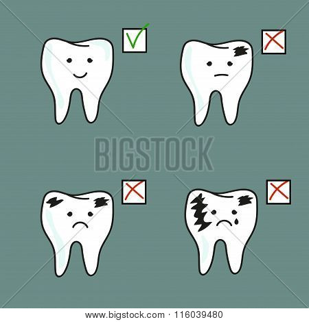 Set of healthy and bad teeth.
