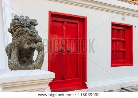 The Thai Style, Window, Door and Stair in Thai Temple in Wat Benchamabopit Dusitwanaram Bangkok, Tha