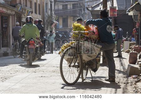 Kathmandu, Nepal - February 10, 2015: The Streets Of Kathmandu, Nepal, Near Dubar Square. Masses Of