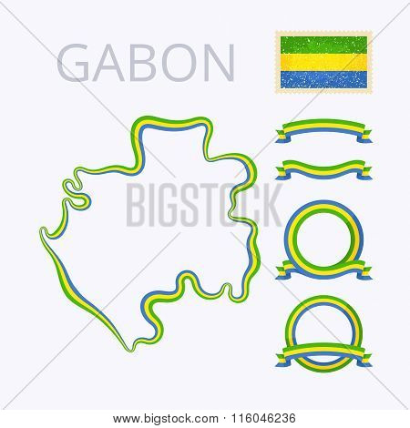 Outline map of Gabon. Border is marked with ribbon in national colors. The package contains frames in national colors and stamp with flag.