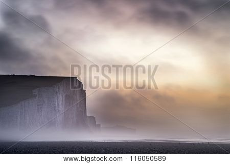Beautiful Dramatic Foggy Winter Sunrise Seven Sisters Cliffs Landscape In England