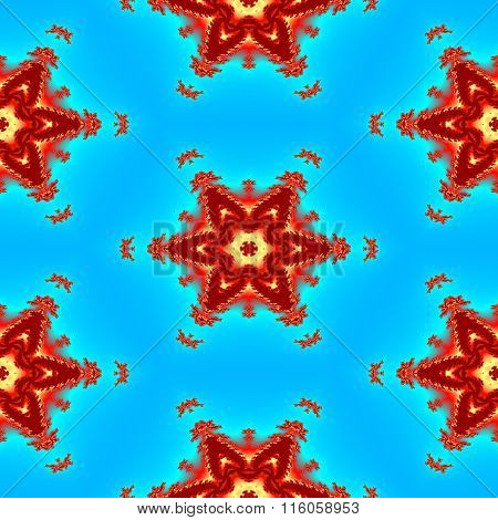 Abstract Seamless Red Fractal Snowflakes On The Blue Background For Winter Or Christmas Decor